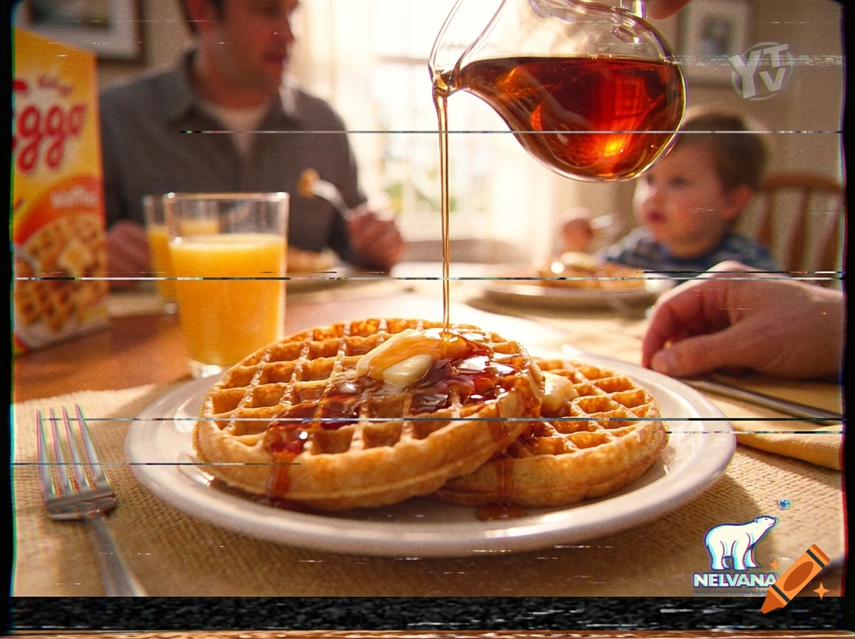 Vintage TV commercial scene showing waffles with syrup being poured, a family in the background, and damaged NTSC screen artifacts.