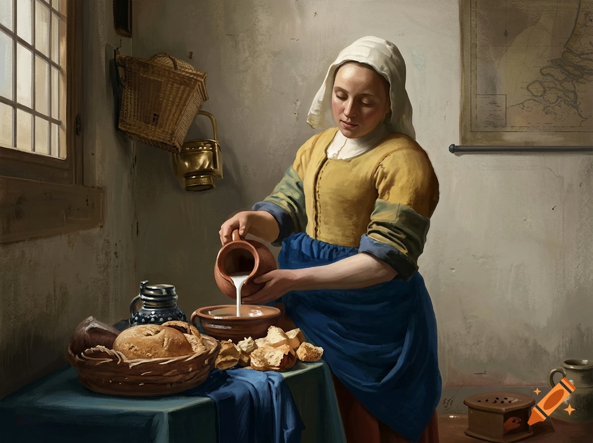 Oil painting in the style of Vermeer depicting a maid pouring milk into a ceramic bowl in a rustic kitchen.