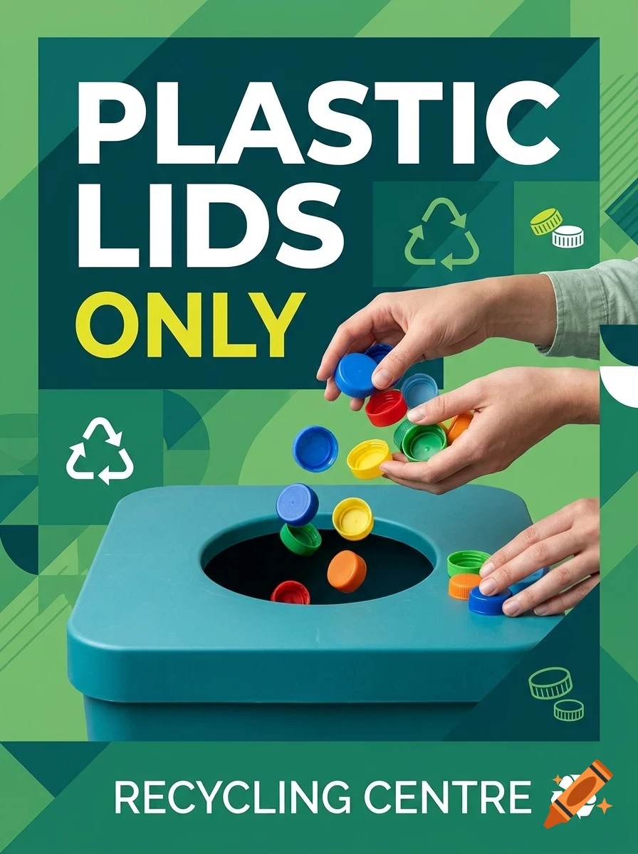 A poster with green tones showing hands dropping colorful plastic bottle caps into a recycling bin.