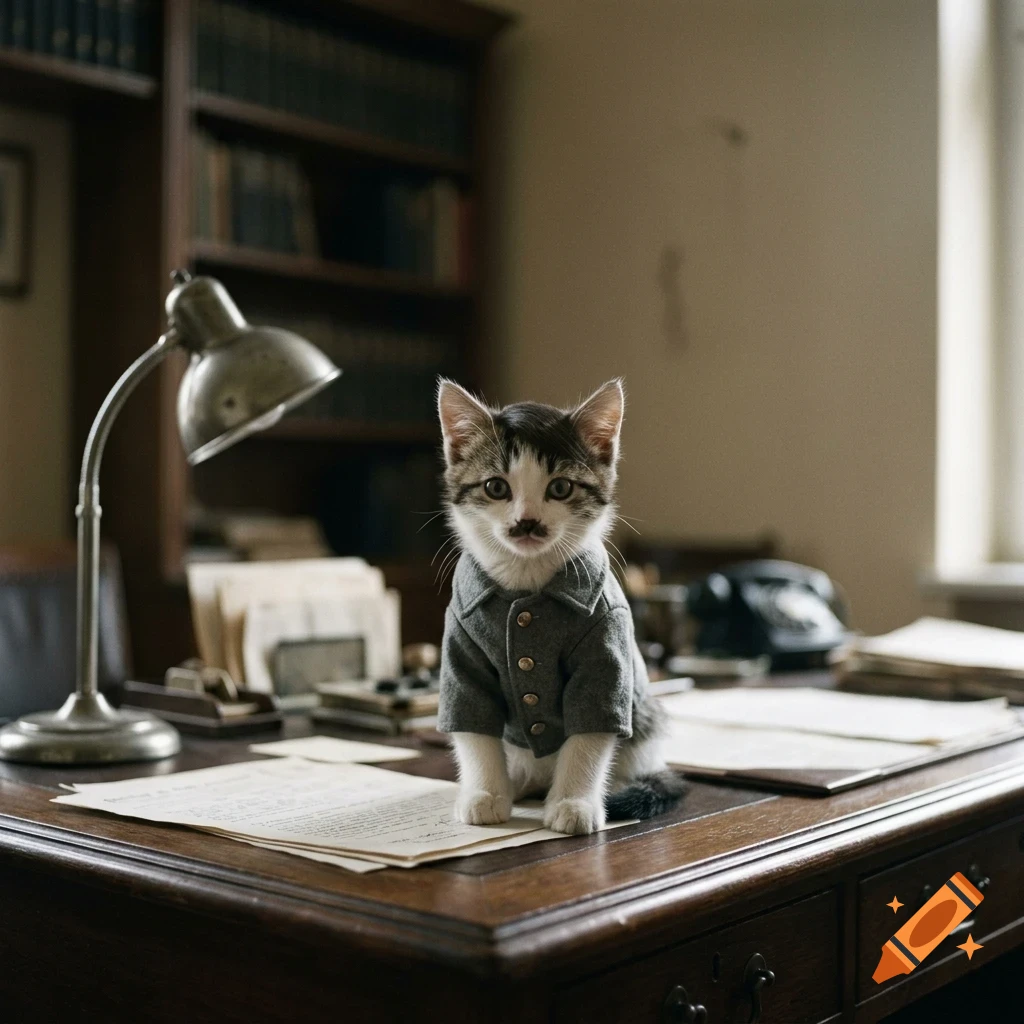 A small kitten wearing a tiny gray jacket with buttons sits on a wooden desk in an office with a lamp and bookshelf.