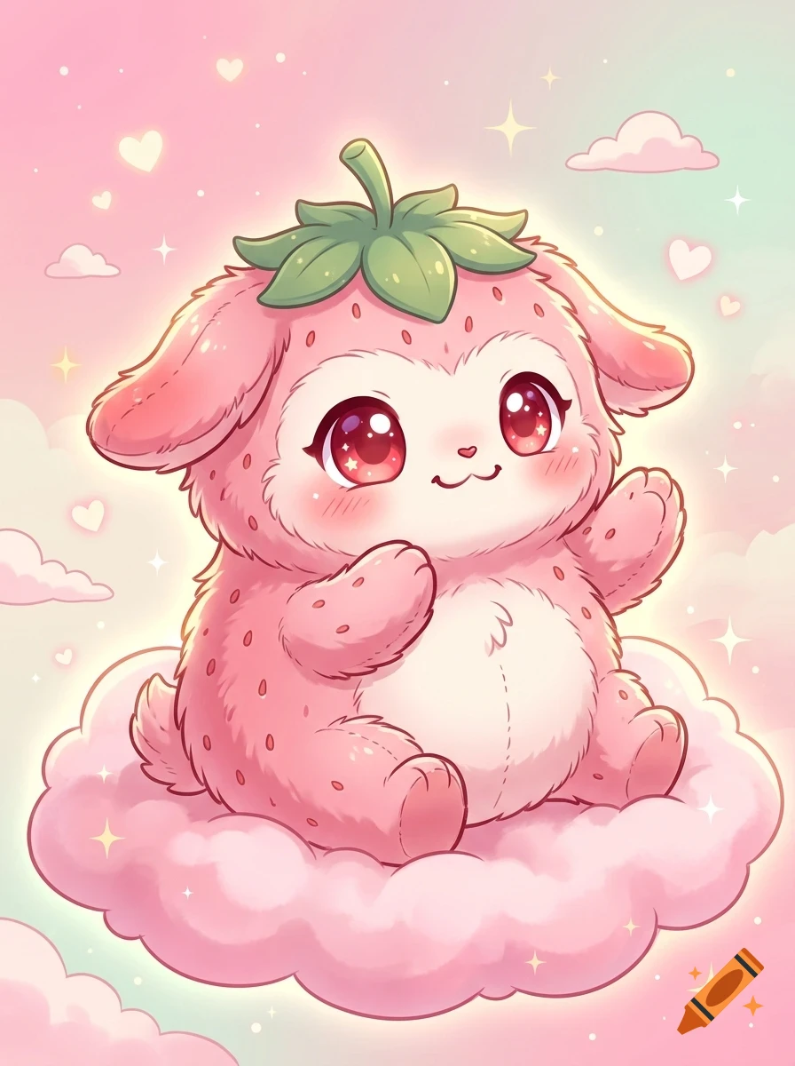 An adorable pink strawberry bunny creature with large sparkling eyes sits on a pink cloud surrounded by floating hearts and sparkles.