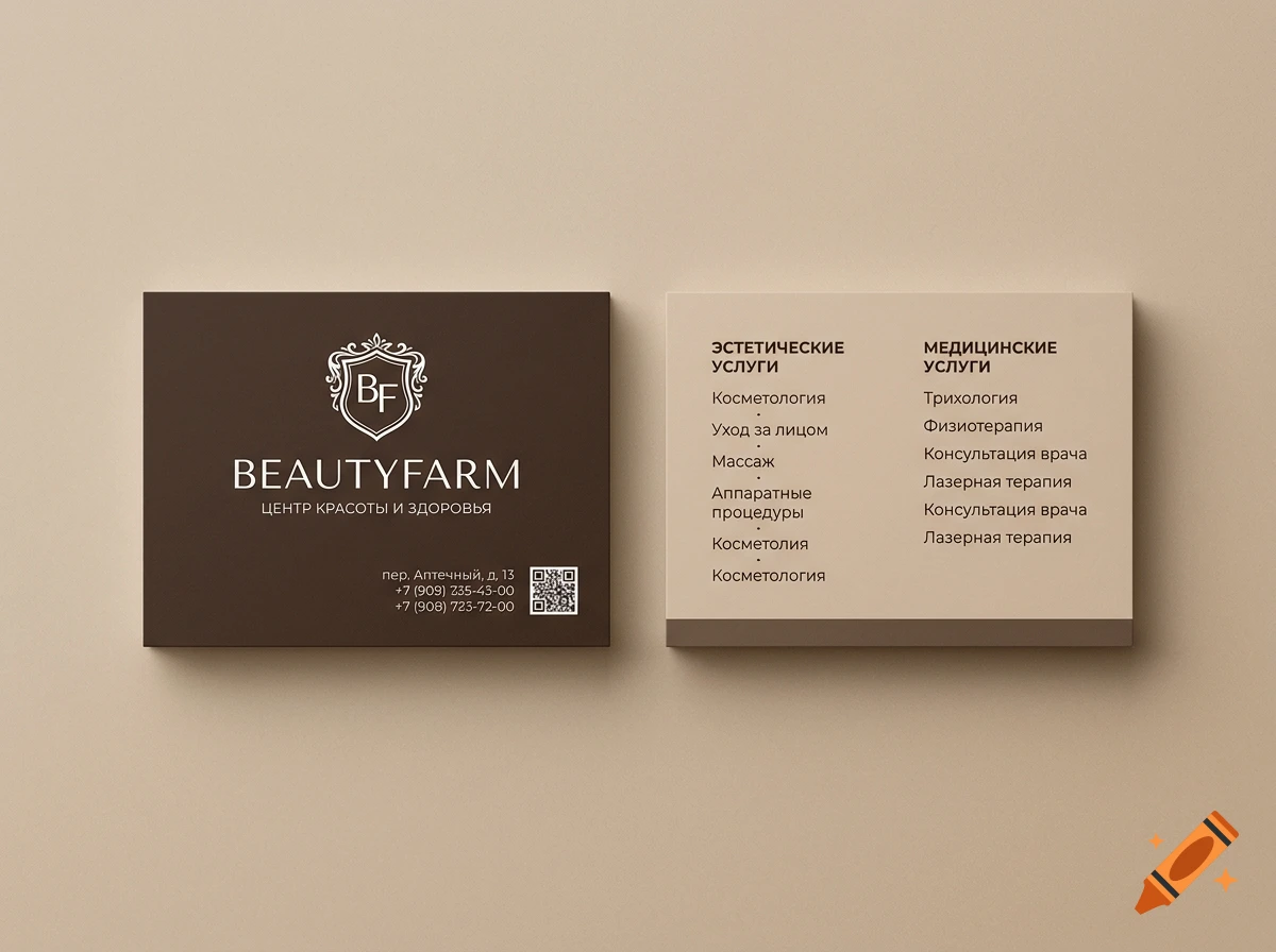 Photorealistic mockup of a premium brown and beige business card set with a heraldic logo and text.