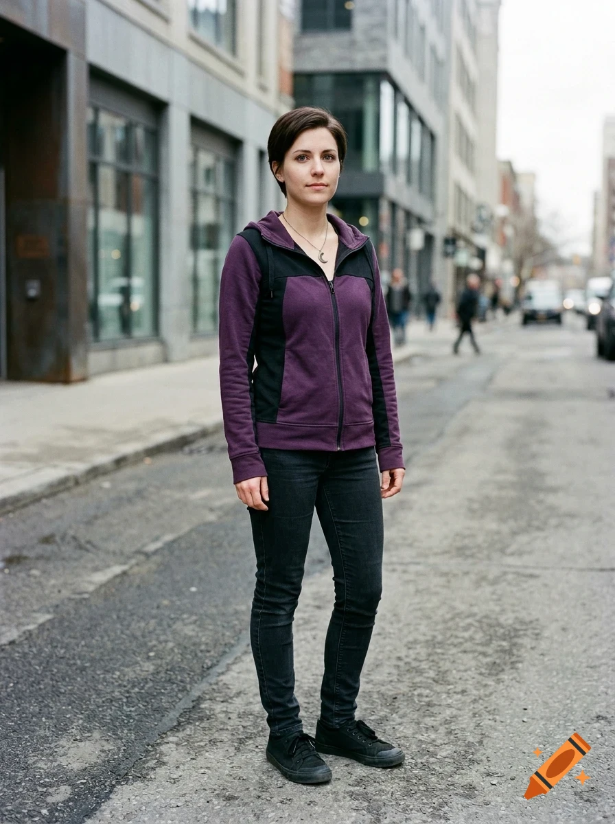 A full-length portrait of a young woman standing on a city street, wearing a purple and black zip-up hoodie, dark jeans, and sneakers.