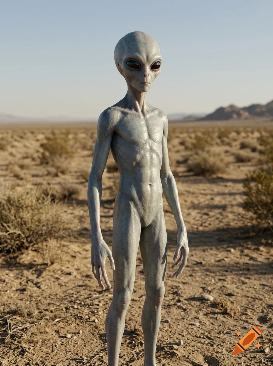 A gray extraterrestrial alien standing in a desert landscape.