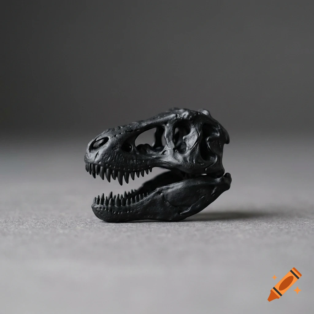 A black Tyrannosaurus rex skull model rests on a textured gray surface against a neutral background.