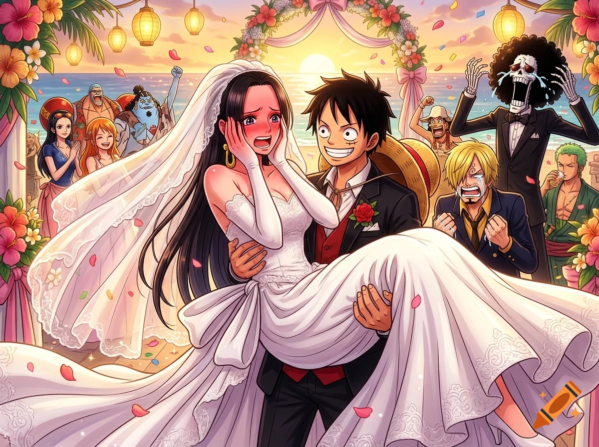 An anime-style illustration of Monkey D. Luffy carrying Boa Hancock in a bridal style at a beach wedding, surrounded by the Straw Hat crew and friends.