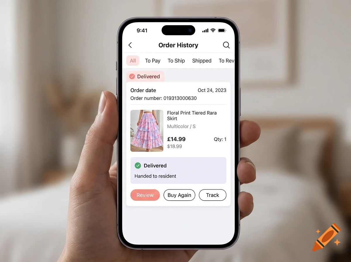 A hand holding a smartphone displaying an e-commerce order history screen showing a delivered clothing item.