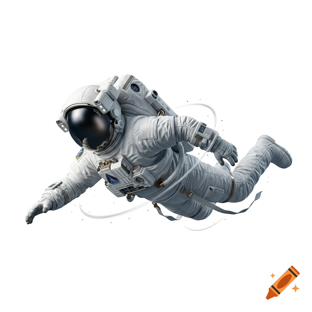 An astronaut in a white spacesuit floating in a zero-gravity environment against a white background.