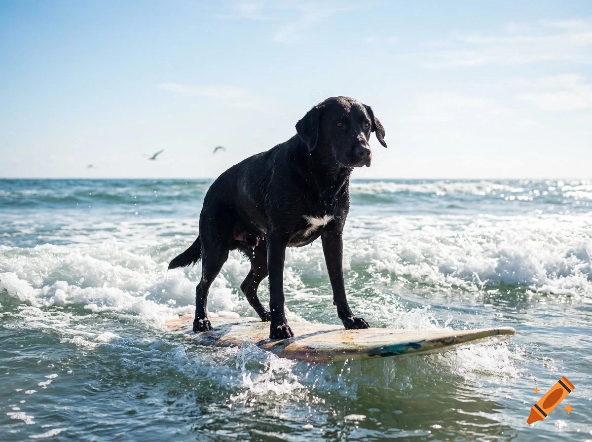 A black dog standing on a surfboard in the ocean with waves splashing around.