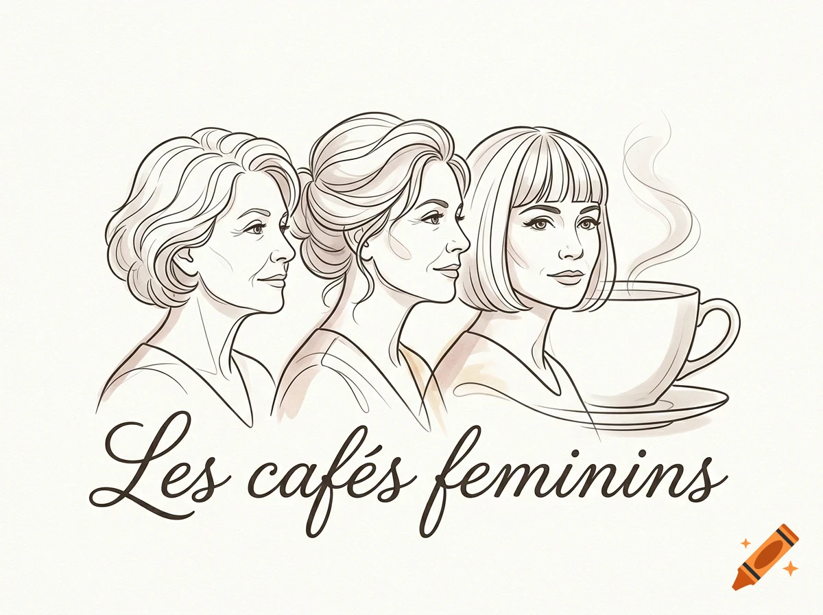 An illustrated line drawing of three women with different hairstyles, accompanied by a steaming coffee cup and the text Les cafés féminins.