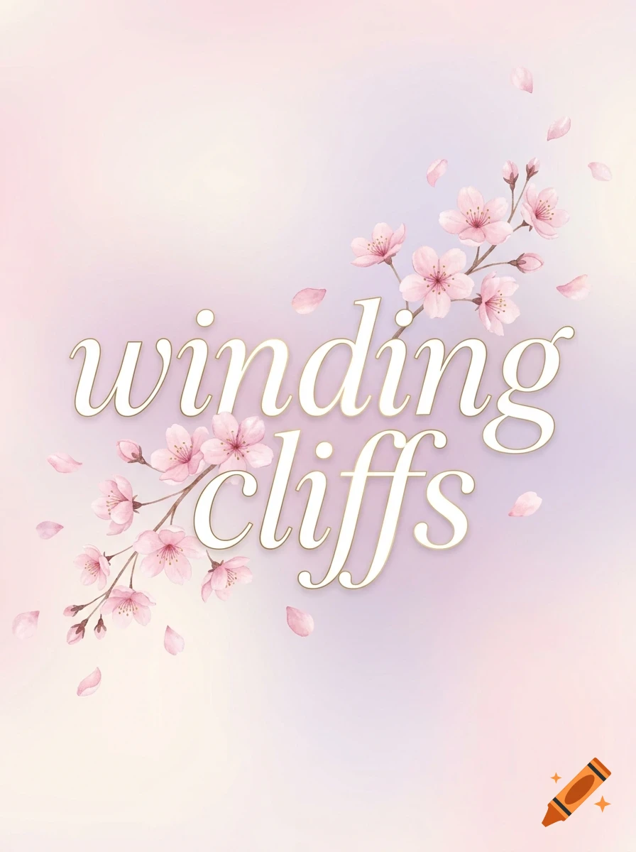 A delicate watercolor painting featuring pink cherry blossom branches with falling petals and the text "winding cliffs" against a soft pastel background.