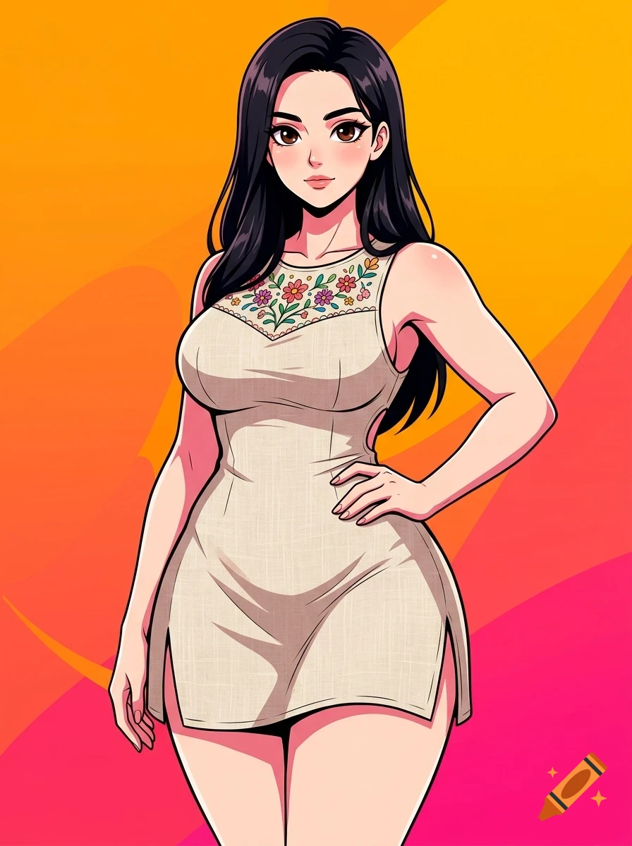 An anime-style digital illustration of a young woman with long black hair, wearing a sleeveless cream-colored dress with floral embroidery around the neckline, posing against a vibrant orange and pink gradient background.