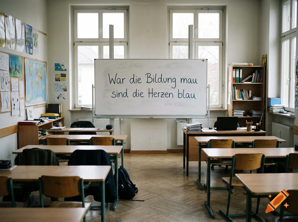 An empty classroom with wooden desks, a large white board with German text, a bookshelf, and tall windows.