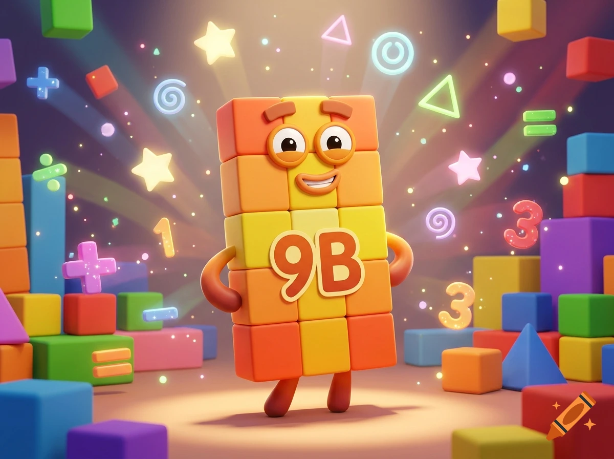3D animated cartoon character resembling a Numberblock with the text '9B' on its chest, surrounded by colorful blocks and glowing numbers.