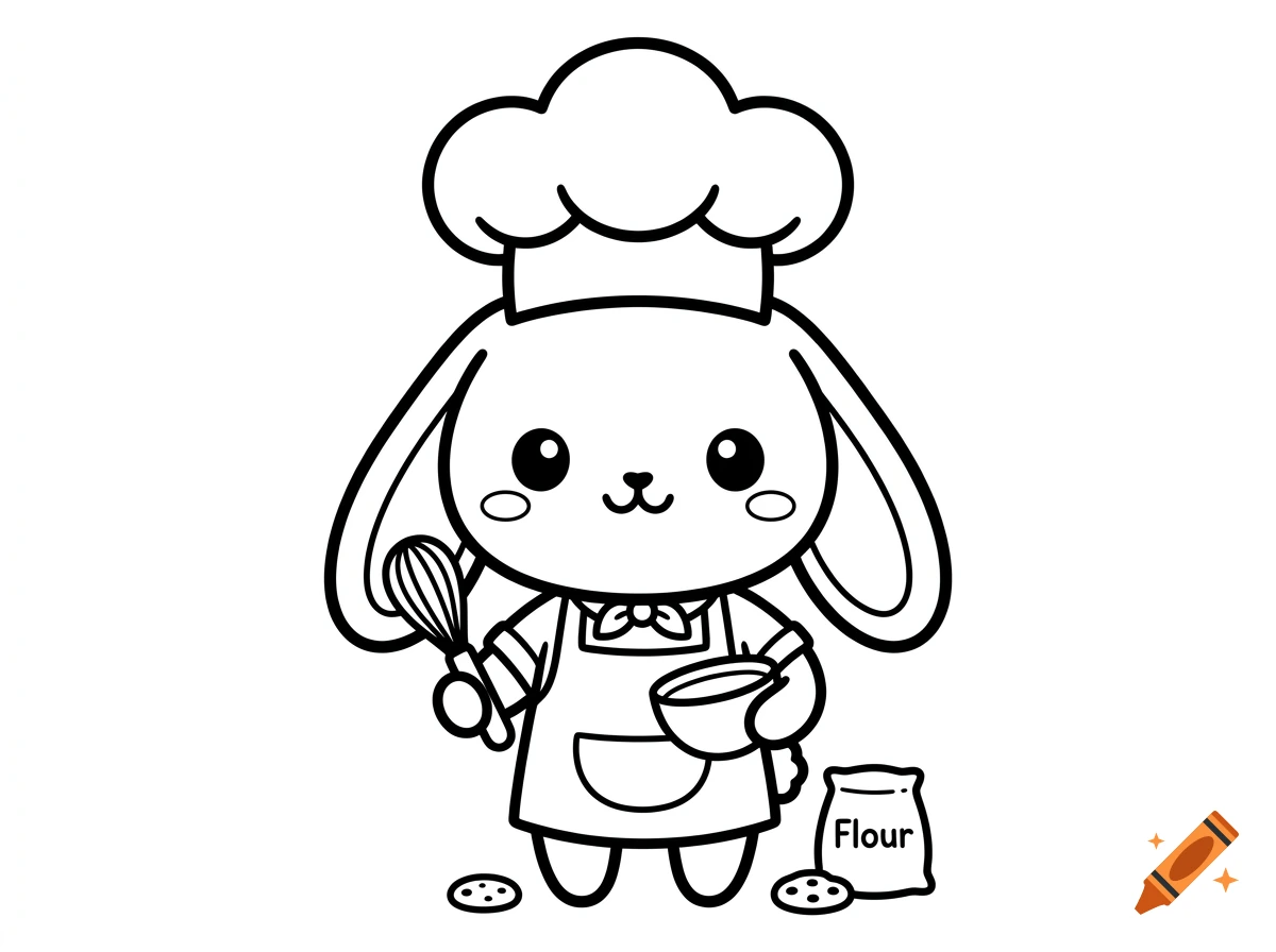 A line drawing of a cute rabbit wearing a chef's hat and apron, holding a whisk and a bowl, with a bag of flour and cookies on the ground.
