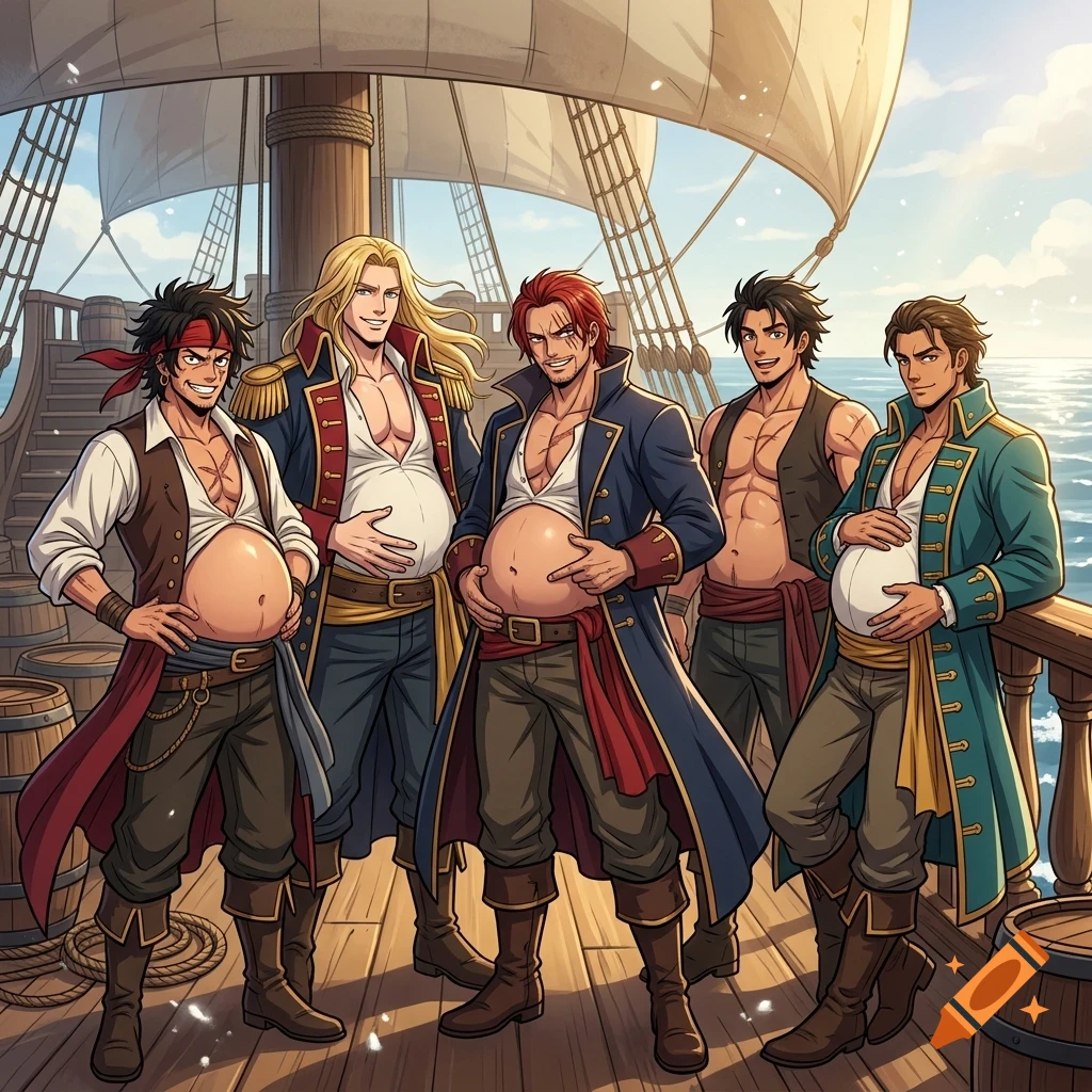 Five male anime pirates standing on the deck of a ship holding their bellies, with the ocean in the background.