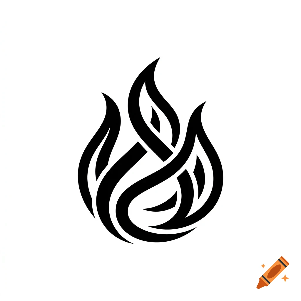 A stylized black and white graphic illustration of flames.