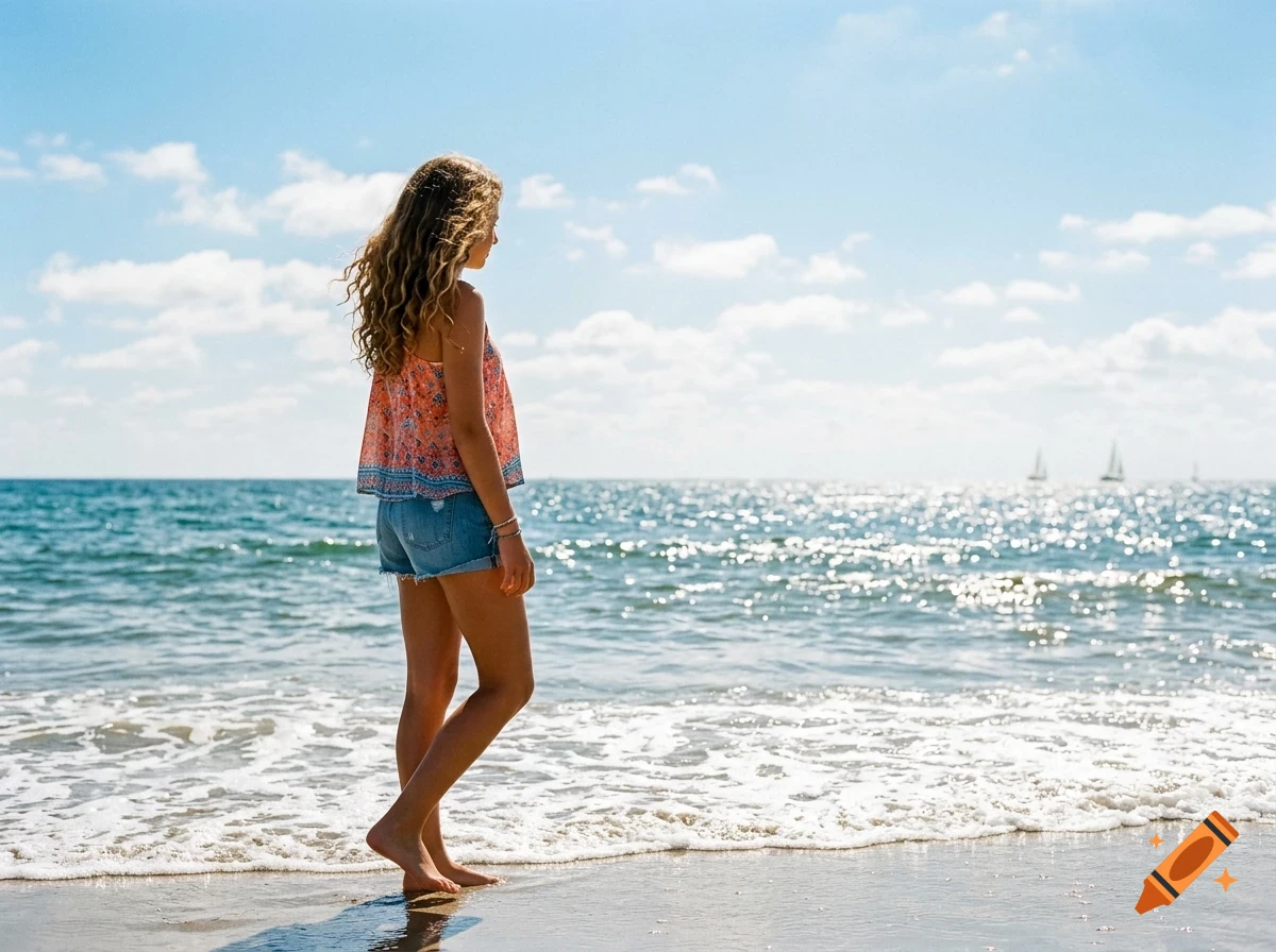 A young woman with curly hair stands on a sandy beach looking out at the ocean under a blue sky with scattered clouds.