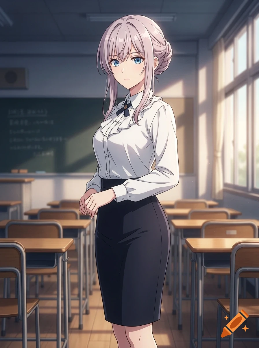 An anime-style illustration of a young woman with lavender hair tied in a bun, wearing a white ruffled blouse and a dark skirt, standing in a classroom with wooden desks and a blackboard.