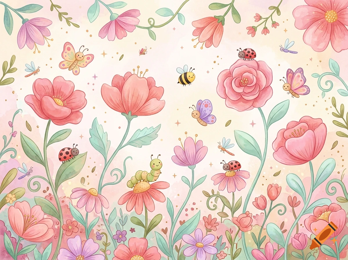 Watercolor illustration of a pink floral garden with cute insects like ladybugs, bees, and butterflies.