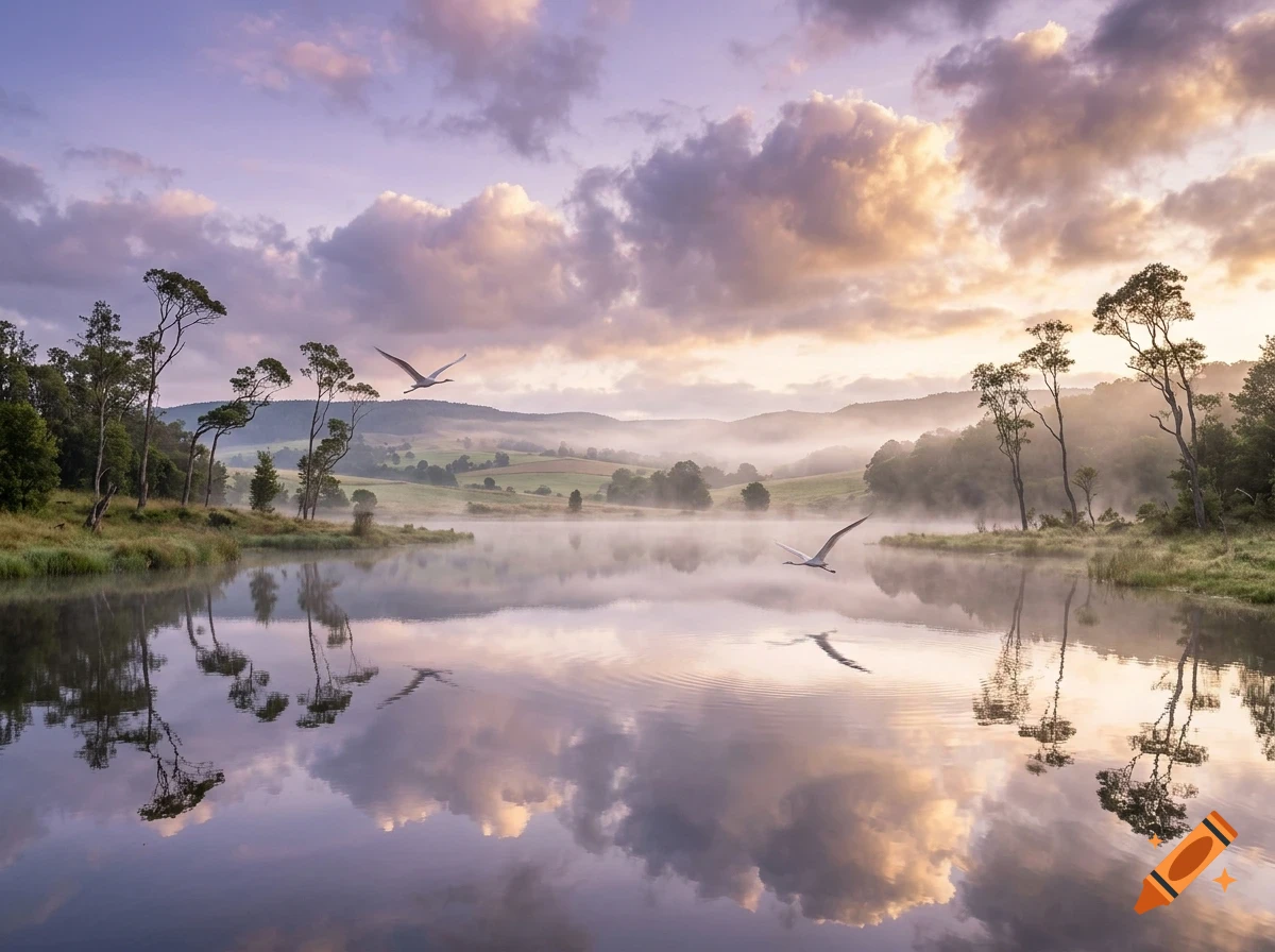 Serene misty landscape featuring a calm river reflecting a pastel sky with pink and purple clouds, surrounded by rolling hills, sparse trees, and birds in flight.