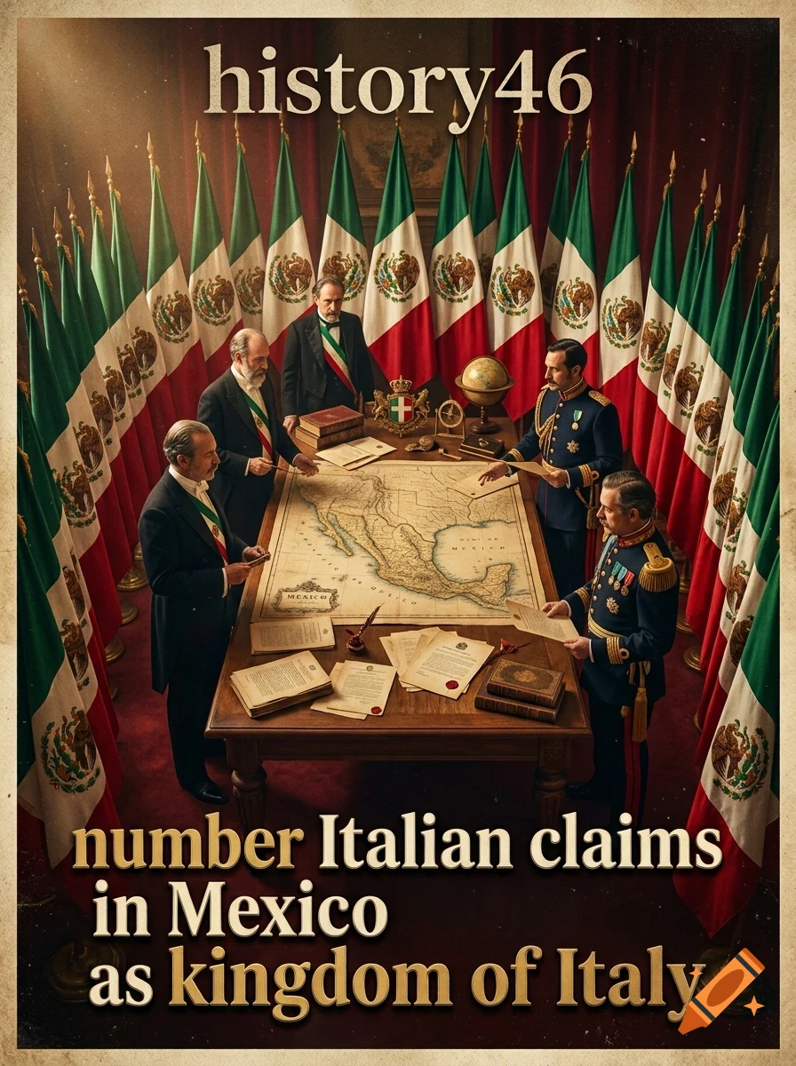 Men in formal attire and military uniforms gather around a large map on a table, surrounded by numerous Italian flags in a grand room.