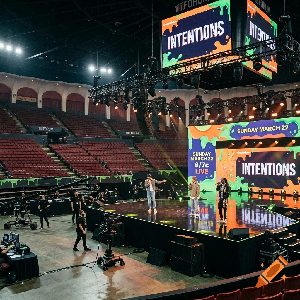 Performers on a stage in a large arena during a live television broadcast event with screens displaying the word INTENTIONS.