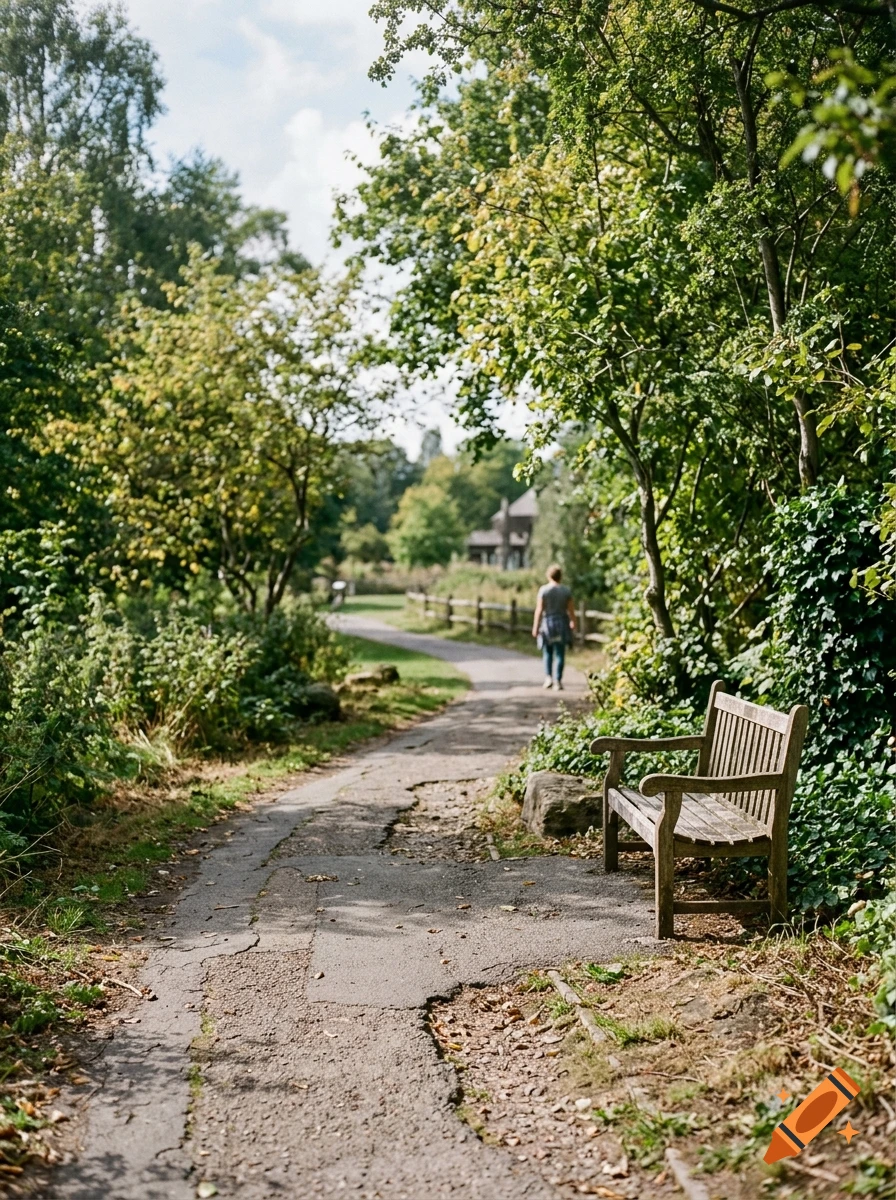 A wooden bench on the side of a paved walking path winding through a lush green park with trees, with a person walking away in the distance. Photorealistic.