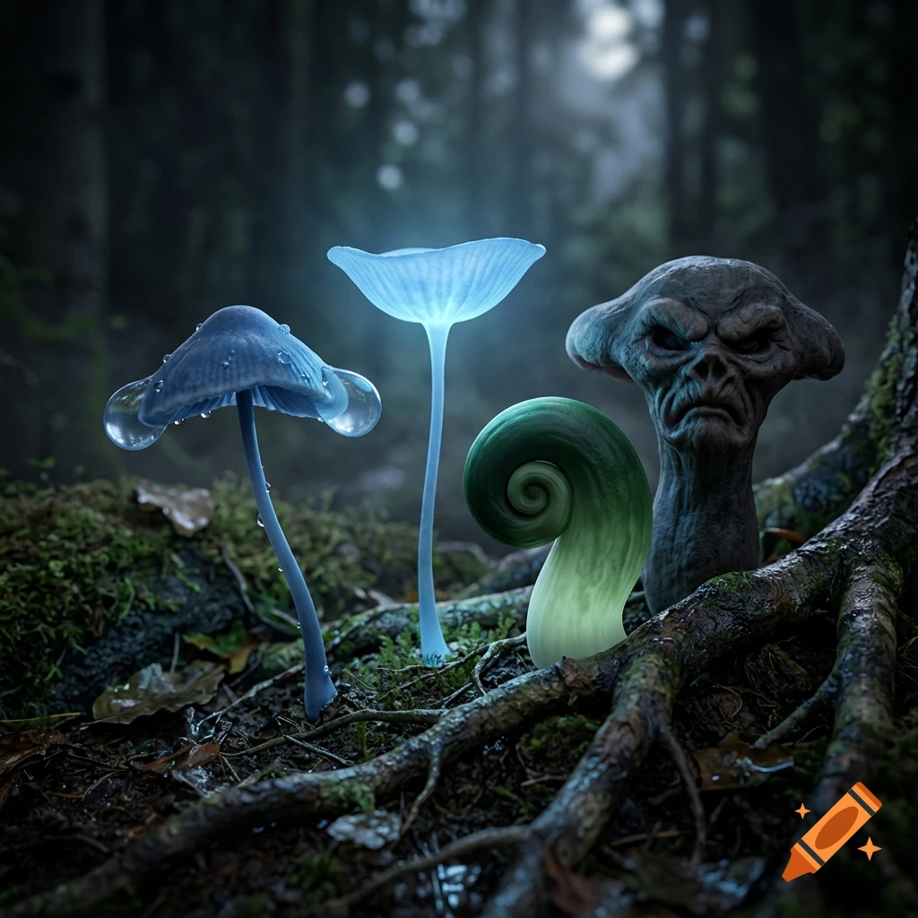 Photorealistic image of glowing magical mushrooms in a dark, mossy forest.