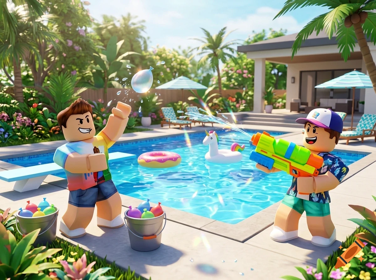 Blocky 3D characters having a water fight by a backyard swimming pool with palm trees, inflatable pool floats, and a modern house.