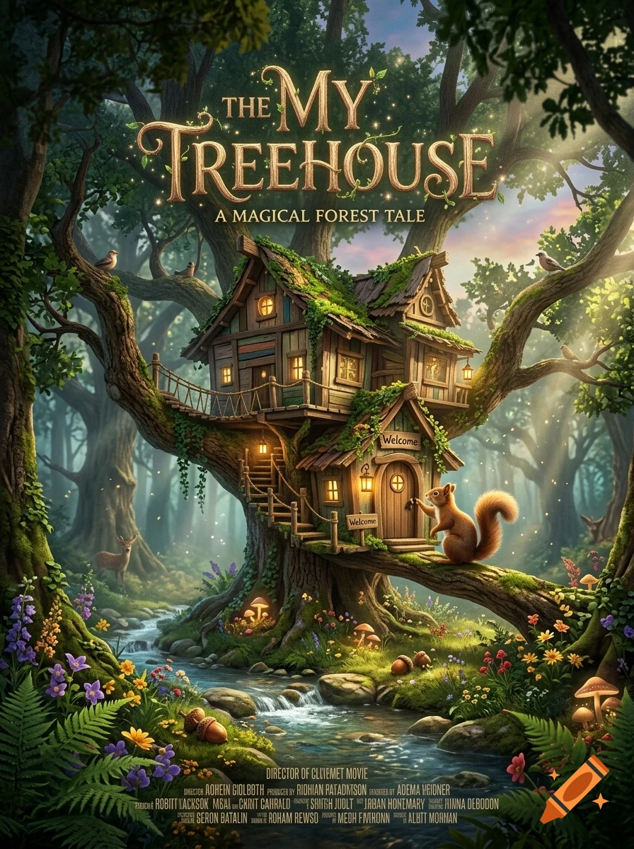 An enchanted treehouse built among massive branches in a lush magical forest, featuring a glowing squirrel at the entrance, a stream, and film credits at the bottom.