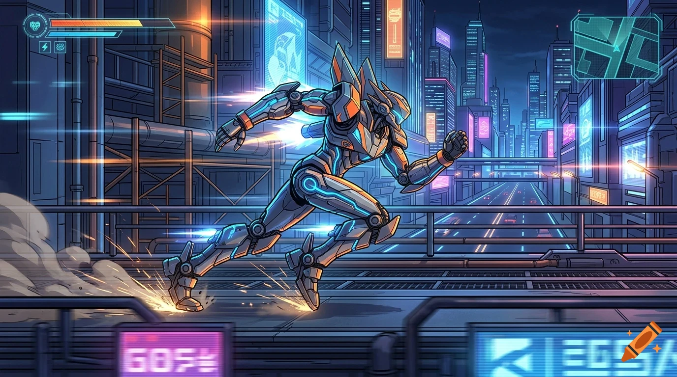 A futuristic cyborg or robot sprinting across a rooftop in a neon-lit cyberpunk city at night, with HUD elements overlaying the view.