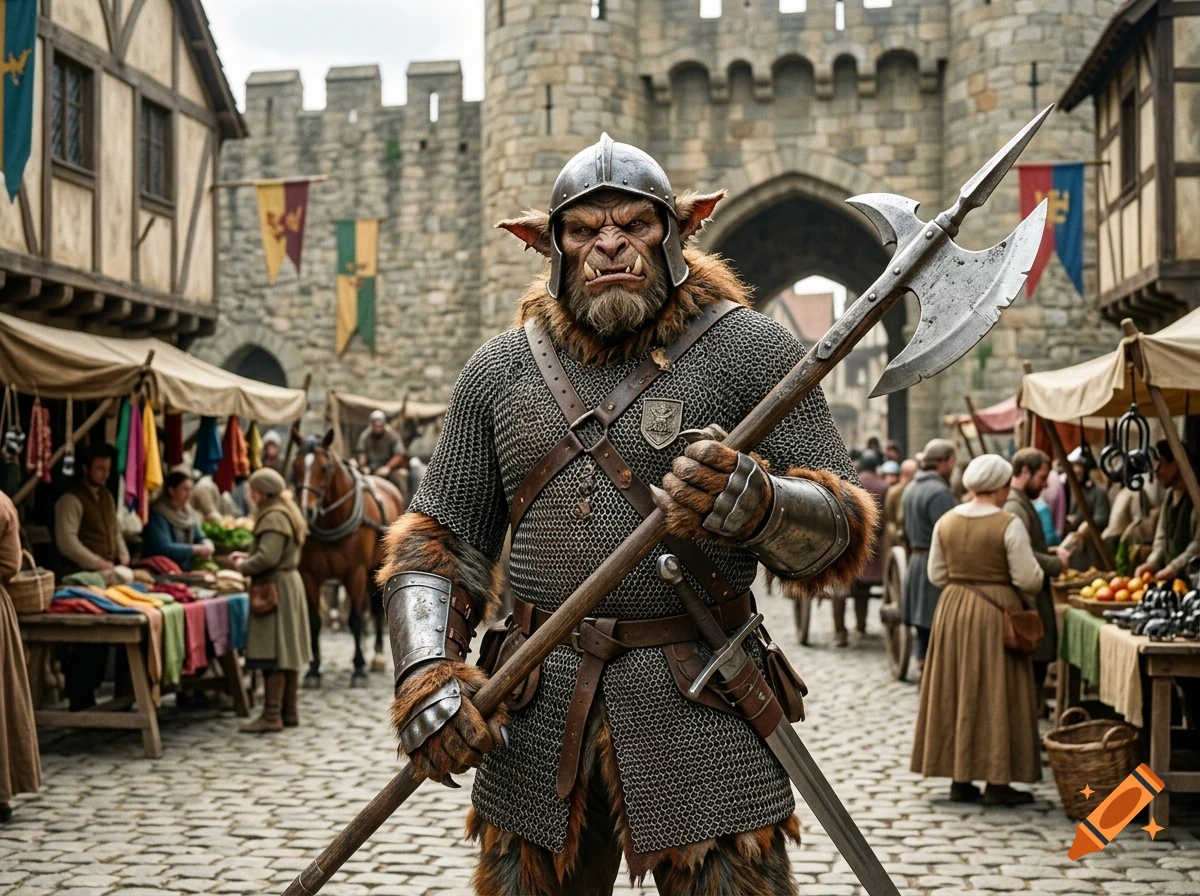 An armored orc-like warrior holding a poleaxe stands in a bustling medieval market square.