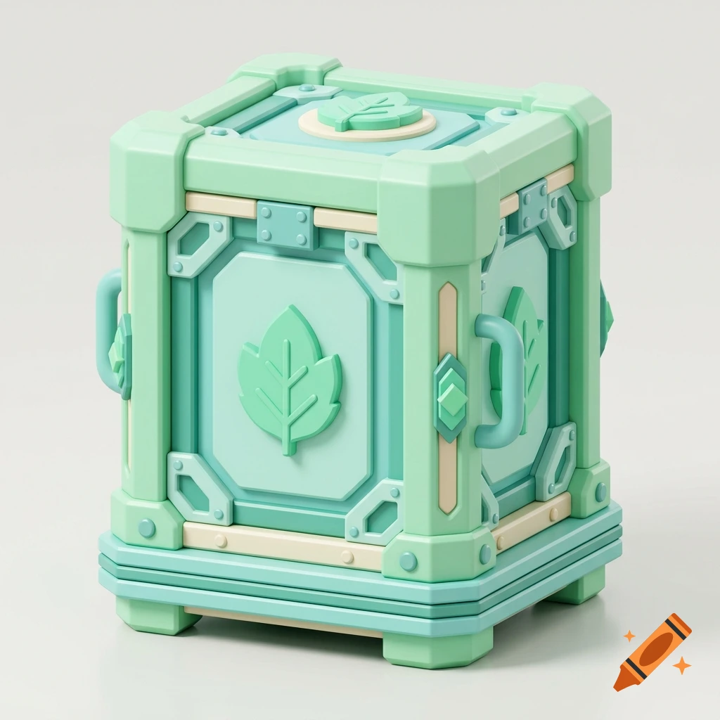 A stylized green and beige square container or box decorated with leaf motifs and reinforced corners on a neutral background.