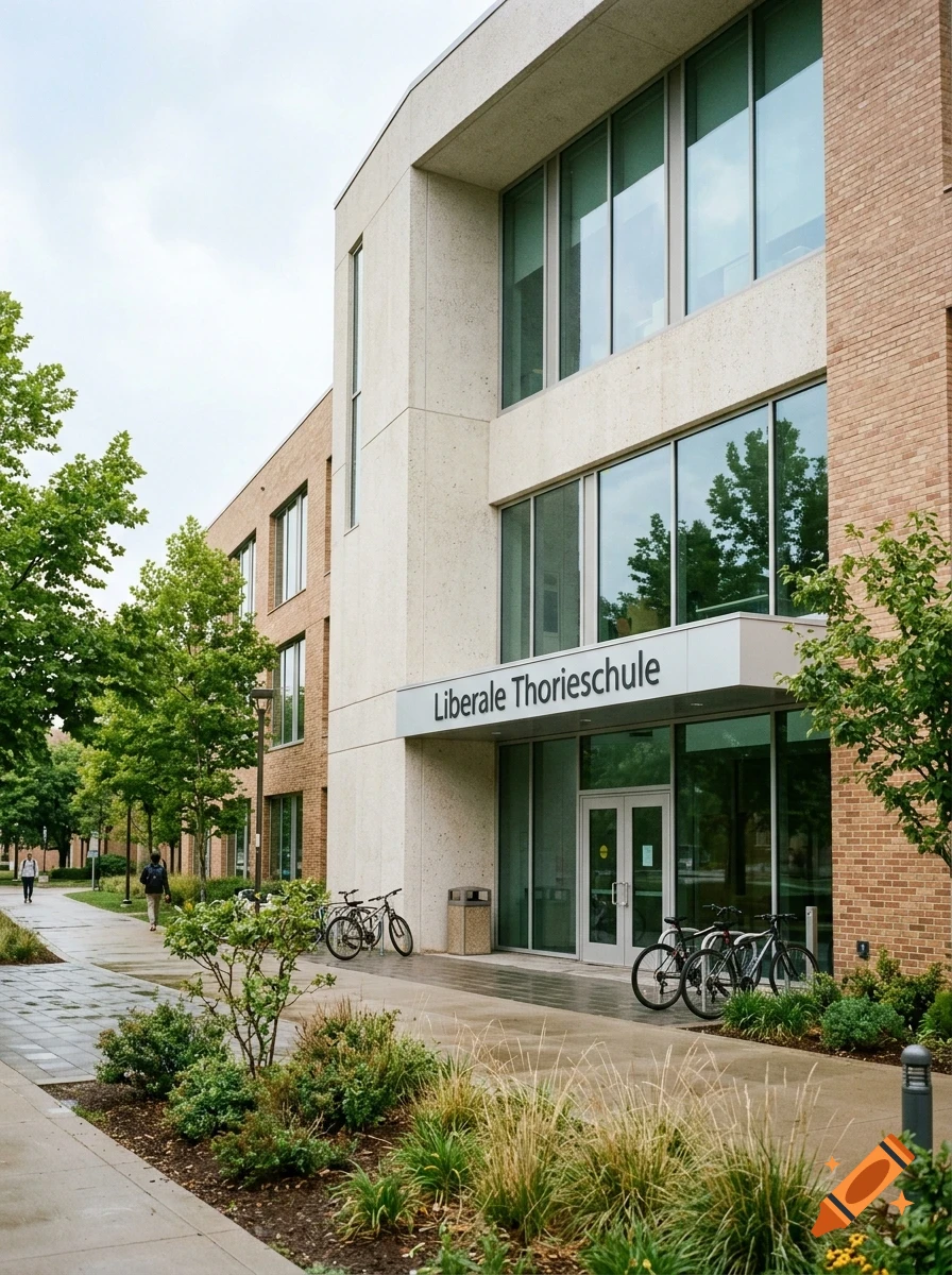 Exterior view of the Liberale Thorieschule building featuring modern architecture, large glass windows, brick and concrete walls, and bicycles parked outside.