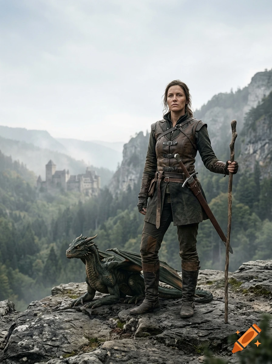 A female warrior in leather armor holding a staff and sword, standing on a rocky outcrop with a small dragon and a distant castle in a photorealistic style.