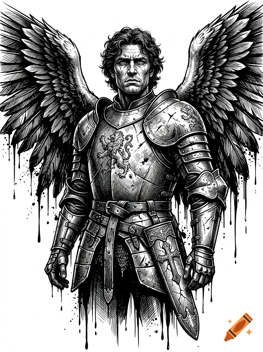 Black and white ink drawing of a male warrior in ornate medieval plate armor with large feathered wings and a sword.
