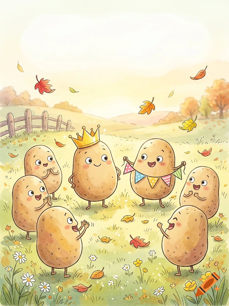 Children's book watercolor illustration of cute animated potato characters in an autumn meadow.
