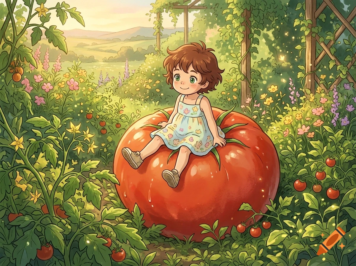 An anime-style illustration of a smiling young girl sitting on top of an enormous red tomato in a lush garden filled with tomato plants and wildflowers.