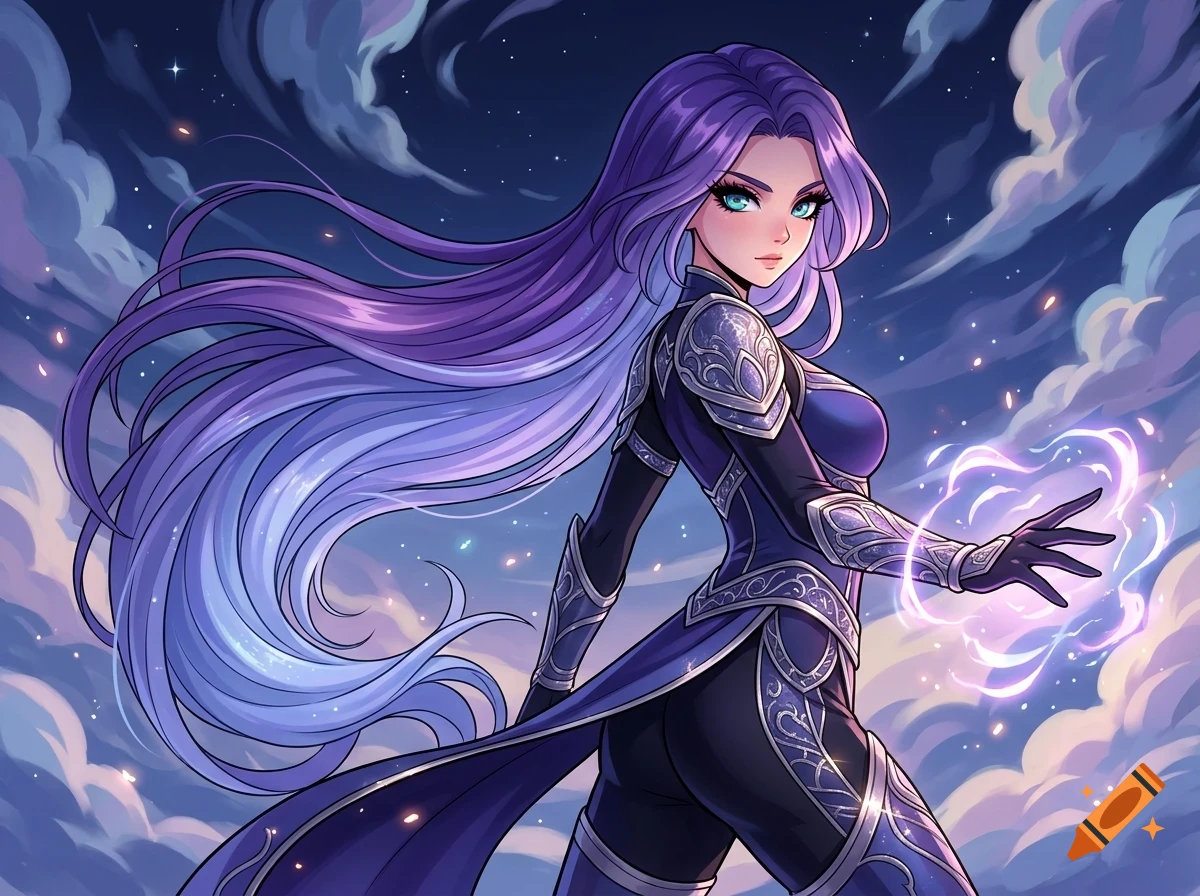 Digital illustration of an anime-style female warrior with long purple hair, wearing ornate armor and casting glowing magic against a cloudy sky background.
