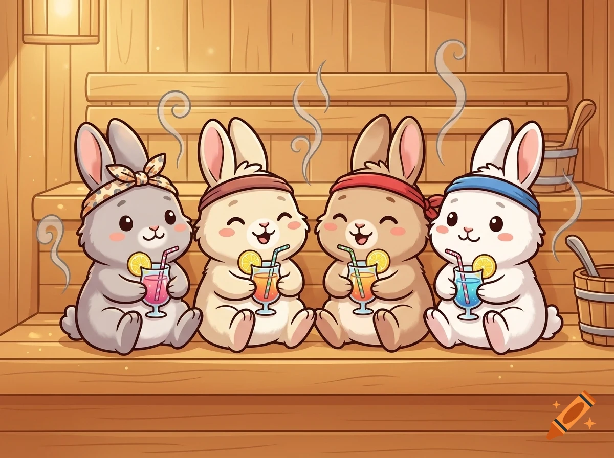 Four cute cartoon rabbits sitting together on wooden benches in a sauna, each holding a colorful cocktail with a straw and a lemon slice.