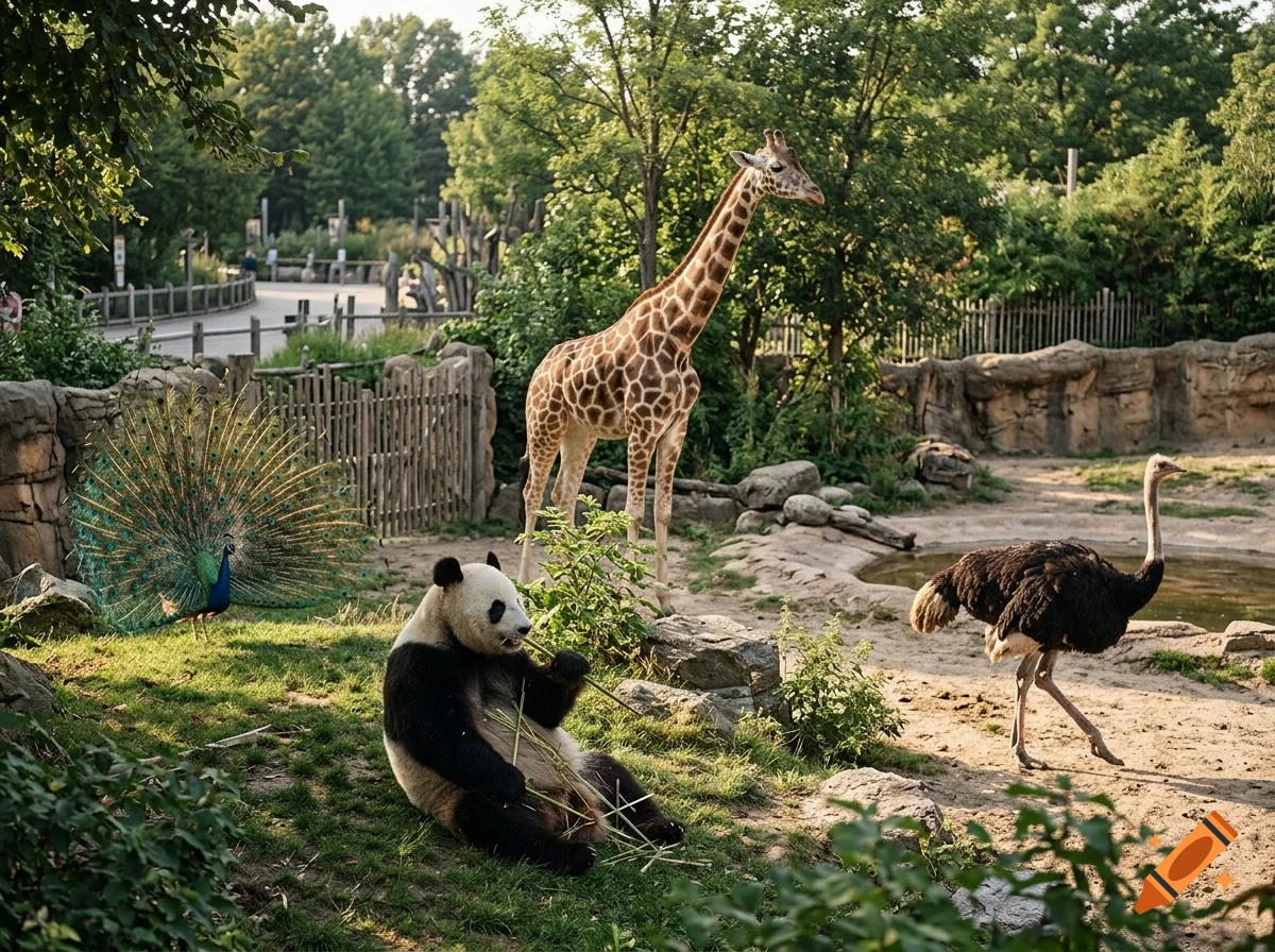 Photorealistic image of a zoo habitat with a panda eating bamboo, a giraffe standing, an ostrich walking, and a peacock displaying its feathers.