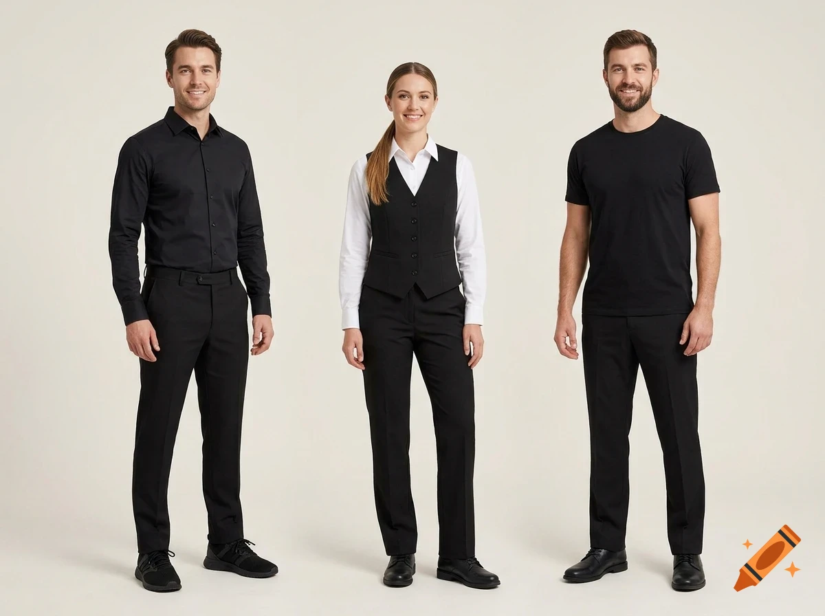 Three models wearing different black work uniforms and attire standing against a plain light background.