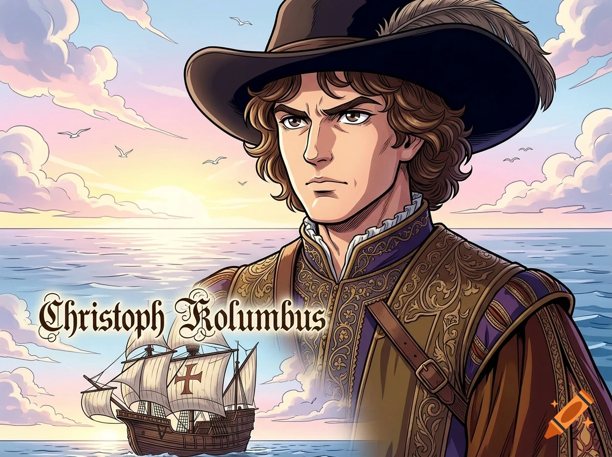 An anime-style illustration of a man wearing a historical hat and ornate doublet, with a sailing ship at sea and text reading Christoph Kolumbus in the foreground against a pastel sky and ocean background.