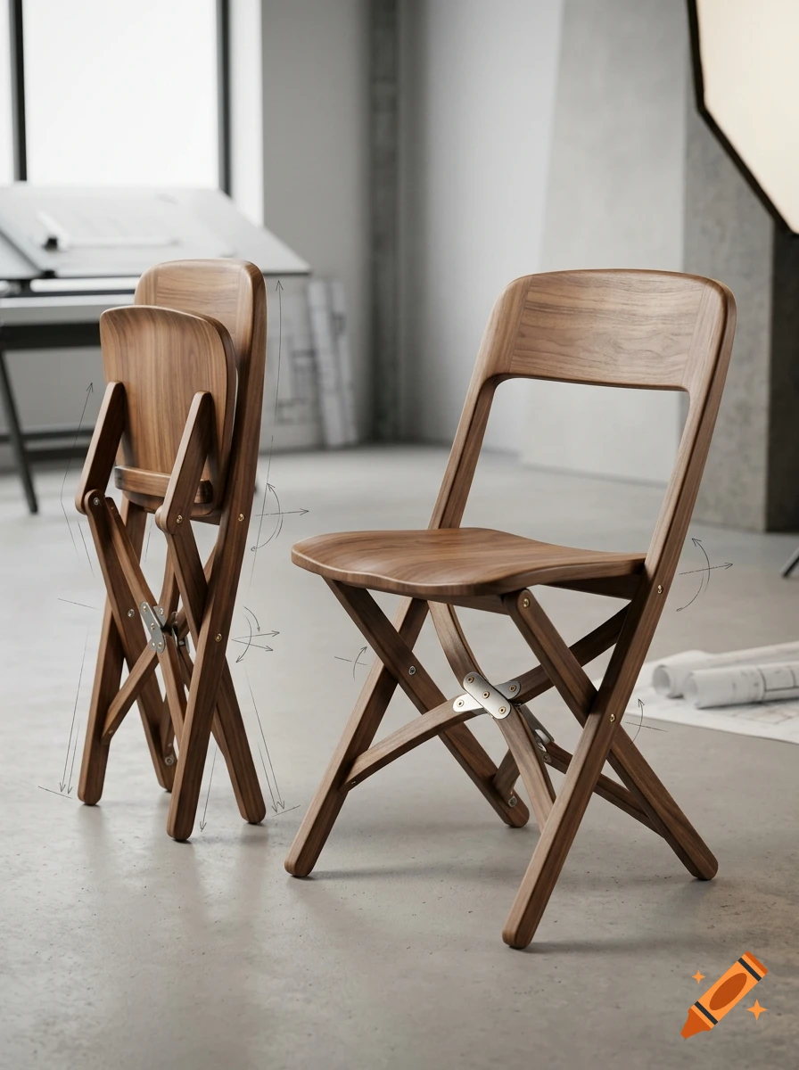 Photorealistic image of a wooden foldable chair with lazy tong linkage legs inside a modern studio.