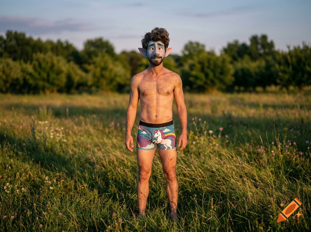 A man with elf-like ears standing shirtless in a grassy field, wearing unicorn-patterned underwear.