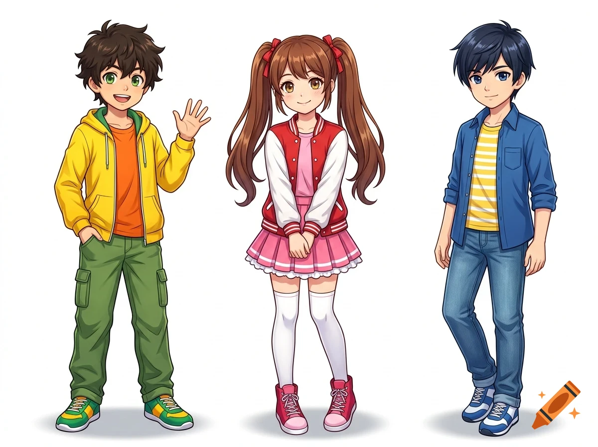 Three anime-style characters standing side by side against a white background, including a boy waving in a yellow hoodie, a girl in a red and white jacket with twin tails, and a boy in a blue button-down shirt.