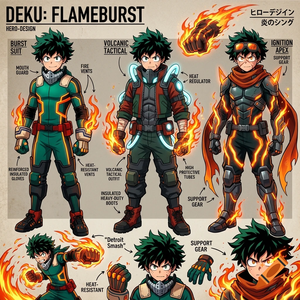 Character design sheet of Izuku Midoriya from My Hero Academia with fire-based costumes and abilities in anime style.