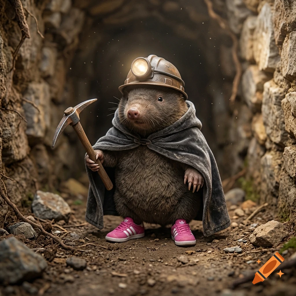 An anthropomorphic mole wearing a miner's helmet with a light, a grey cloak, and pink sneakers holding a small pickaxe inside a stone tunnel.