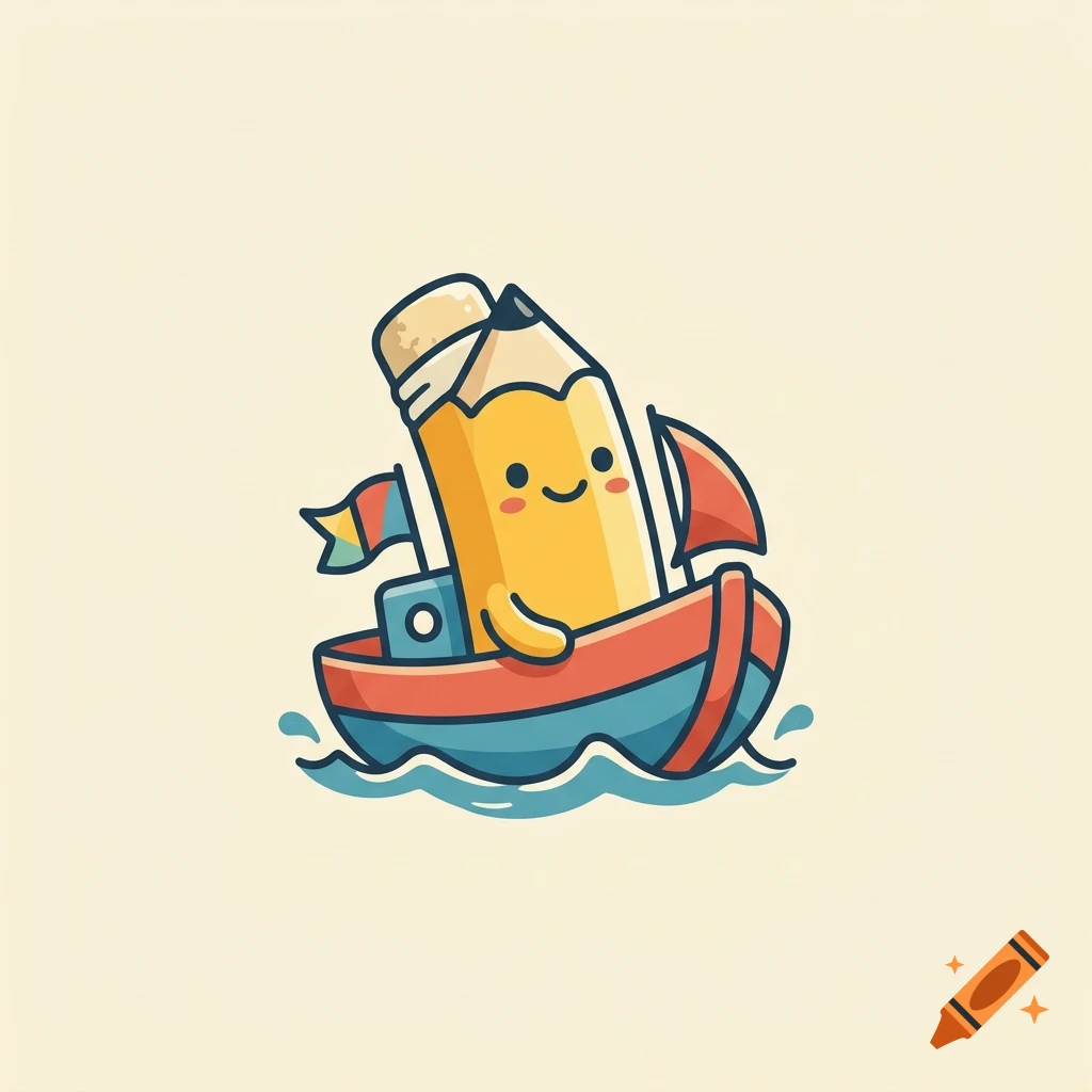 Cute cartoon logo of a smiling pencil character riding in a small boat on waves.